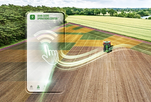 Grafik Handy und Hand, Feld mit Landmaschine im Hintergrund